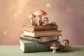 Stack of old fantasy literature books with mushrooms. Royalty Free Stock Photo