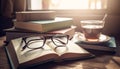 Stack of old fashioned books on wooden table generated by AI