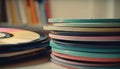 Stack of old fashioned vinyl disks on turntable generated by AI