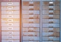 Stack of Old Iron cabinet or Lockers cabinets in locker room for achieves at high school. Business Documents concept