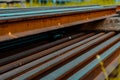 Stack of old iron sleeper is a railroad for construction railway