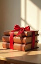 Stack of old leather books tied with a bright red ribbon rest on a wooden surface. Warm sunlight casts shadows, creating an Royalty Free Stock Photo