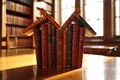 Stack of old leather bound books on wooden table in library Royalty Free Stock Photo
