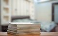 Stack of old magazines on wooden table Royalty Free Stock Photo