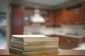 Stack of old magazines on wooden table Royalty Free Stock Photo