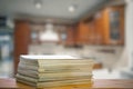 Stack of old magazines on wooden table Royalty Free Stock Photo