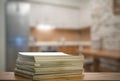 Stack of old magazines on wooden table Royalty Free Stock Photo