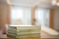 Stack of old magazines on wooden table Royalty Free Stock Photo