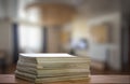 Stack of old magazines on wooden table Royalty Free Stock Photo