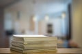 Stack of old magazines on wooden table Royalty Free Stock Photo