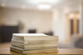 Stack of old magazines on wooden table Royalty Free Stock Photo