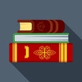 Stack of old magical books in thick leather bindings. Flat vector illustration