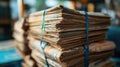 Stack of old newspapers bound with blue string in warm lighting Royalty Free Stock Photo