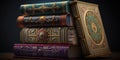 Stack of old ornate decorative books on a shelf. Reading is fun. Bookworm. Volumes and tomes. Library of authors and texts.