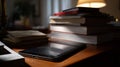 Stack of old paper books and digital tablet or e-reader on wooden table desk Royalty Free Stock Photo