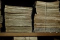 Stack of the old paper documents in the archive, selective focus