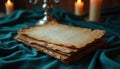 Stack of old paper sheets on draped blue fabric with candles and silver decor in soft focus. Historical concept. Vintage style Royalty Free Stock Photo