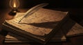 A stack of old papers with mathematical equations and a feather quill pen resting on top next to two small lit lanterns on a Royalty Free Stock Photo