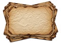 Stack of old parchment paper sheets with burnt edges on white background Royalty Free Stock Photo