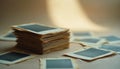 Stack of old photo papers spread on neutral surface, evoking feelings of memories and creative inspiration. Scattered blank Royalty Free Stock Photo