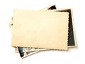 Stack old photos isolated on white background. Mock-up blank paper. Postcard rumpled Royalty Free Stock Photo