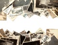 Stack old photos isolated on white background. Postcard rumpled and dirty vintage Royalty Free Stock Photo