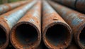 Stack of old rusty metal pipes lie in parallel rows. Materials show strong decay, heavy corrosion, complete neglect from years. Royalty Free Stock Photo