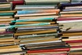 A stack of old school notebooks. Multicolored cover Royalty Free Stock Photo