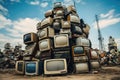 A stack of old televisions, piled on top of each other, illustrating obsolete technology, Old television sets stacked on each