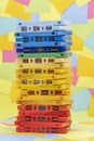 Stack of old vintage retro multicolored audio tape cassettes Royalty Free Stock Photo