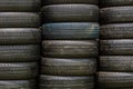 Stack of old wheel black tyres. Royalty Free Stock Photo