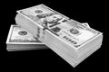 Stack of one hundred dollar bills isolated on black background. Stack of cash money in hundred dollar banknotes. Heap of hundred d Royalty Free Stock Photo