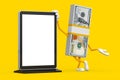 Stack of One Hundred Dollar Bills Person Character Mascot with Blank Trade Show LCD Screen Stand as Template for Your Design. 3d