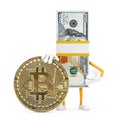 Stack of One Hundred Dollar Bills Person Character Mascot with Digital and Cryptocurrency Golden Bitcoin Coin. 3d Rendering