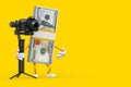 Stack of One Hundred Dollar Bills Person Character Mascot with DSLR or Video Camera Gimbal Stabilization Tripod System. 3d