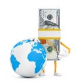 Stack of One Hundred Dollar Bills Person Character Mascot with Earth Worldwide Globe. 3d Rendering Royalty Free Stock Photo