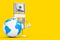 Stack of One Hundred Dollar Bills Person Character Mascot with Earth Worldwide Globe. 3d Rendering Royalty Free Stock Photo