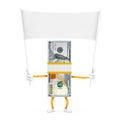 Stack of One Hundred Dollar Bills Person Character Mascot and Empty White Blank Banner with Free Space for Your Design. 3d Royalty Free Stock Photo