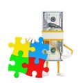 Stack of One Hundred Dollar Bills Person Character Mascot with Four Pieces of Colorful Jigsaw Puzzle. 3d Rendering Royalty Free Stock Photo