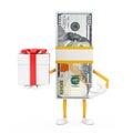 Stack of One Hundred Dollar Bills Person Character Mascot with Gift Box and Red Ribbon. 3d Rendering Royalty Free Stock Photo