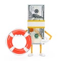 Stack of One Hundred Dollar Bills Person Character Mascot with Life Buoy. 3d Rendering