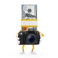 Stack of One Hundred Dollar Bills Person Character Mascot with Modern Digital Photo Camera. 3d Rendering
