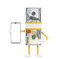 Stack of One Hundred Dollar Bills Person Character Mascot and Modern Mobile Phone with Blank Screen for Your Design. 3d Rendering