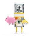 Stack of One Hundred Dollar Bills Person Character Mascot with Piggy Bank and Golden Dollar Coin. 3d Rendering Royalty Free Stock Photo