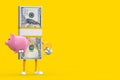 Stack of One Hundred Dollar Bills Person Character Mascot with Piggy Bank and Golden Dollar Coin. 3d Rendering Royalty Free Stock Photo