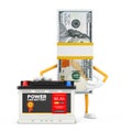 Stack of One Hundred Dollar Bills Person Character Mascot and Rechargeable Car Battery 12V Accumulator with Abstract Label. 3d Royalty Free Stock Photo