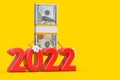 Stack of One Hundred Dollar Bills Person Character Mascot with Red 2022 New Year Sign. 3d Rendering