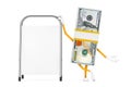 Stack of One Hundred Dollar Bills Person Character Mascot with White Blank Advertising Promotion Stand. 3d Rendering