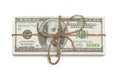 Stack of One Hundred Dollar Bills Tied in a Burlap String on White Royalty Free Stock Photo