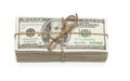 Stack of One Hundred Dollar Bills Tied in a Burlap String on White Royalty Free Stock Photo